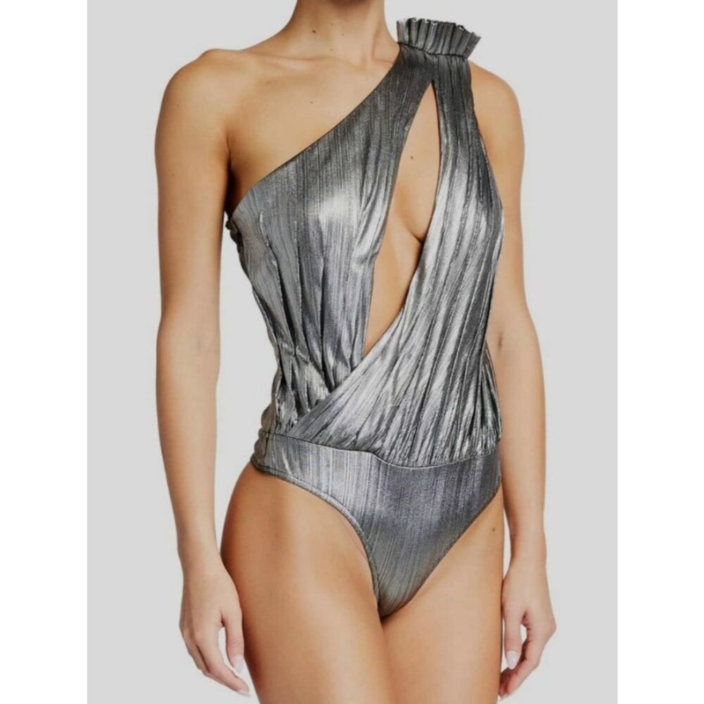 Retrofete Cassie Metallic One Shoulder Cutout Thong Bodysuit Women's Size XS NWT